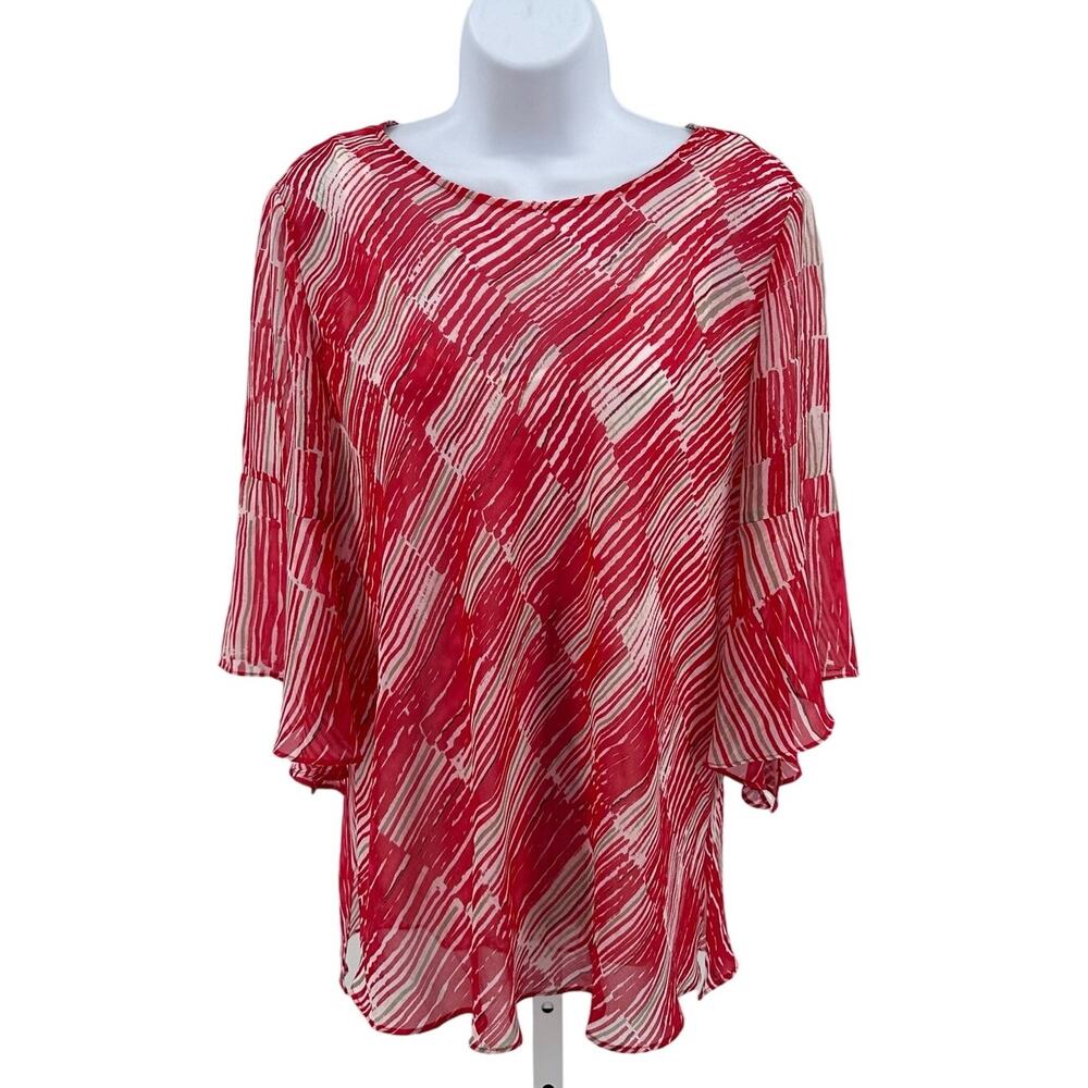 Nic+Zoe Blouse Womens S Red White Printed Split Bell Sleeve Built In Under-Tank